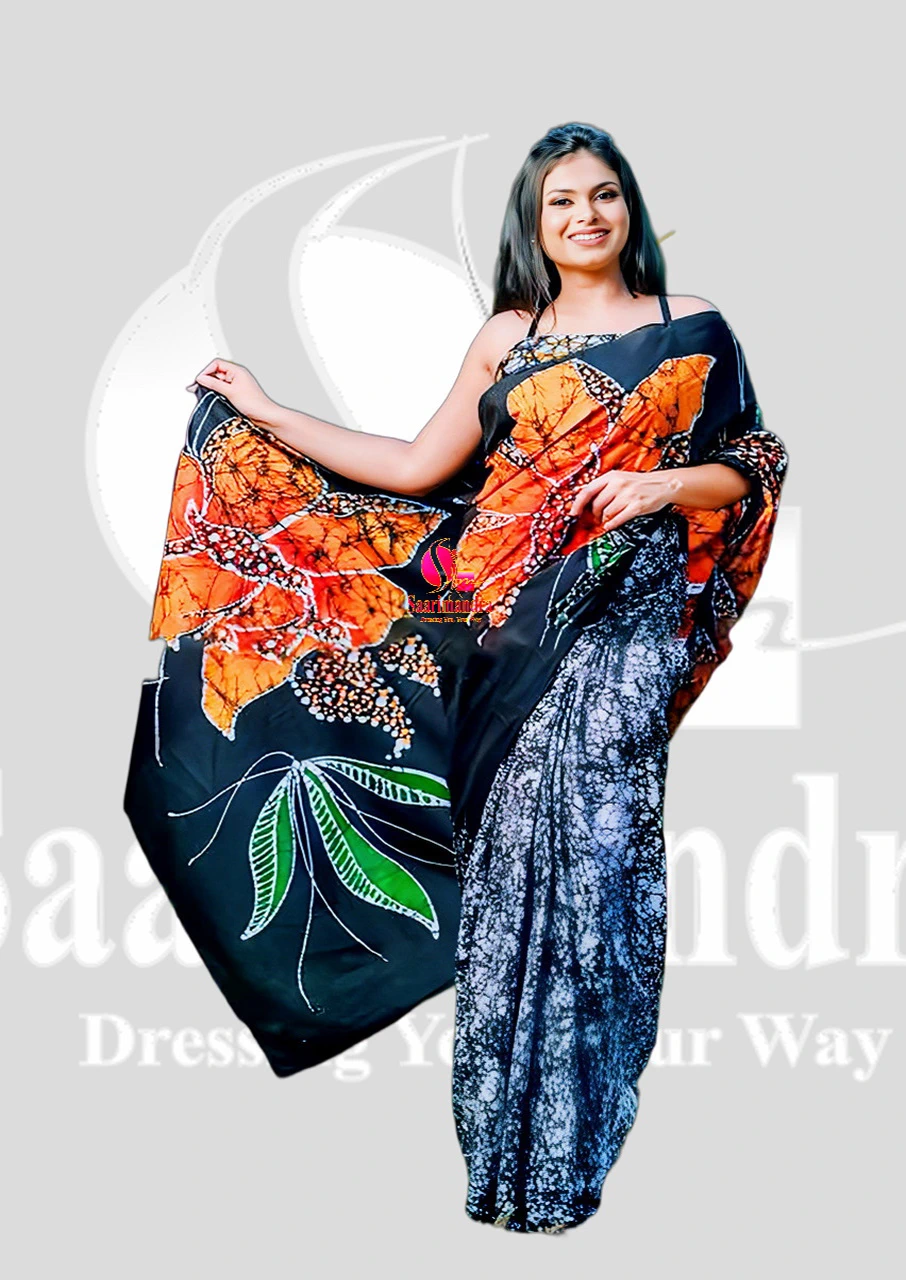 Batik Indian Premium Bold Black & Orange Leaf Printed Batik Cotton Saree